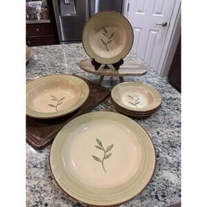 PAI Set Of 6 Leaf Motif Stoneware Dishes 4 Salad Bowls, Platter And Serving Bowl